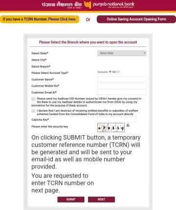 pnb bank account open- select state, select city, select branch, please select account type, customer name, customer mobile no, customer email id, press submit button 