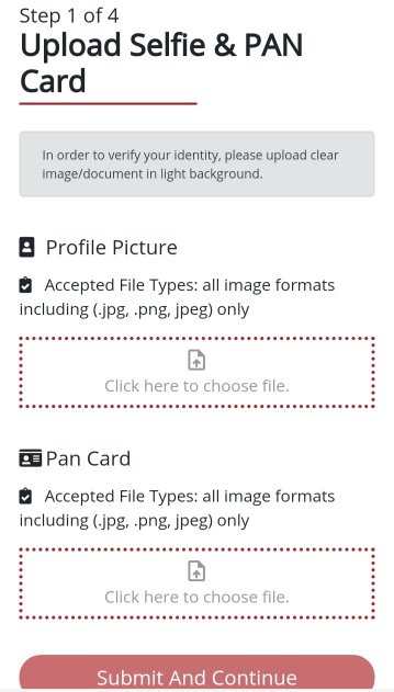 upload selfie & pan card submit and continue