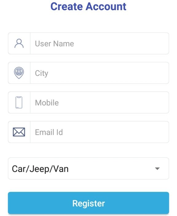 create account- user name, city, mobile, email id, car/jeep/van register