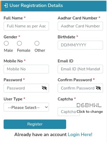 user registration details- full name, aadhar card number, gender, birthdate, 