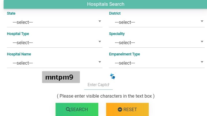 hospitals search - select state, select district, select hospital type, select speciality, select hospital name, select empanelment type
