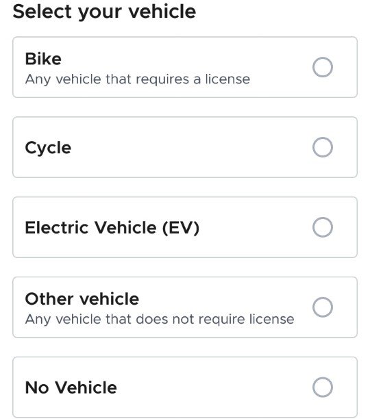 select your vehicle- bike, cycle, electric vehicle, other vehicle, no vehicle