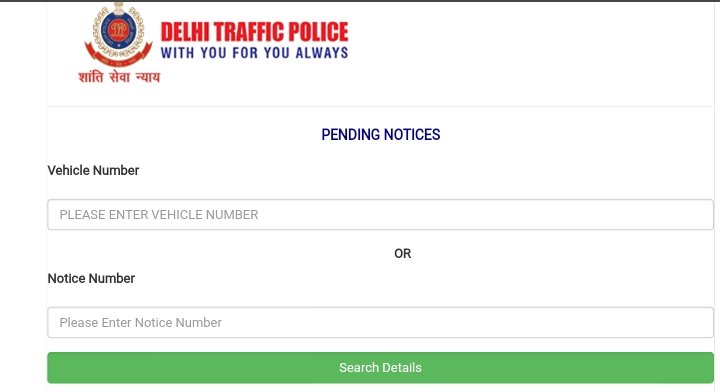 pending notices vehicle number/notice number