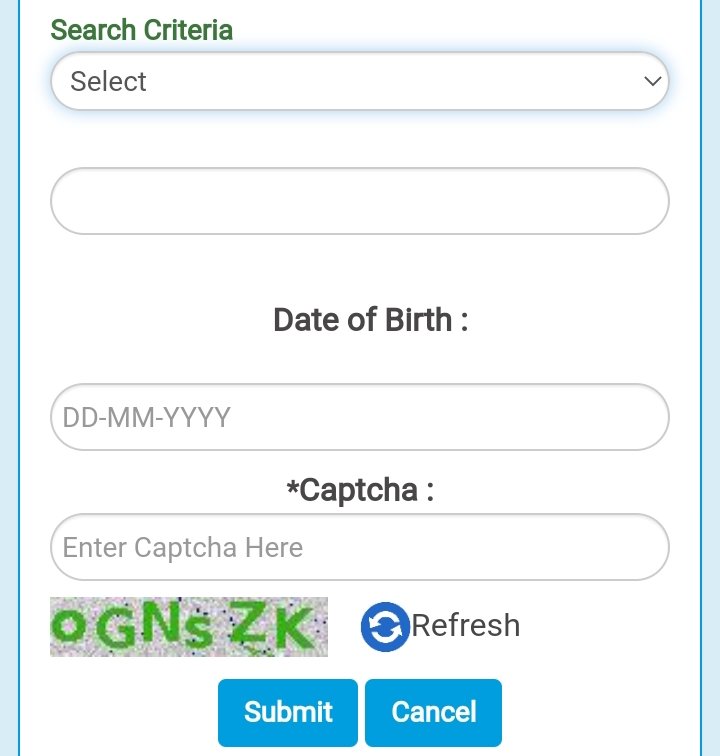 search criteria, date of birth submit