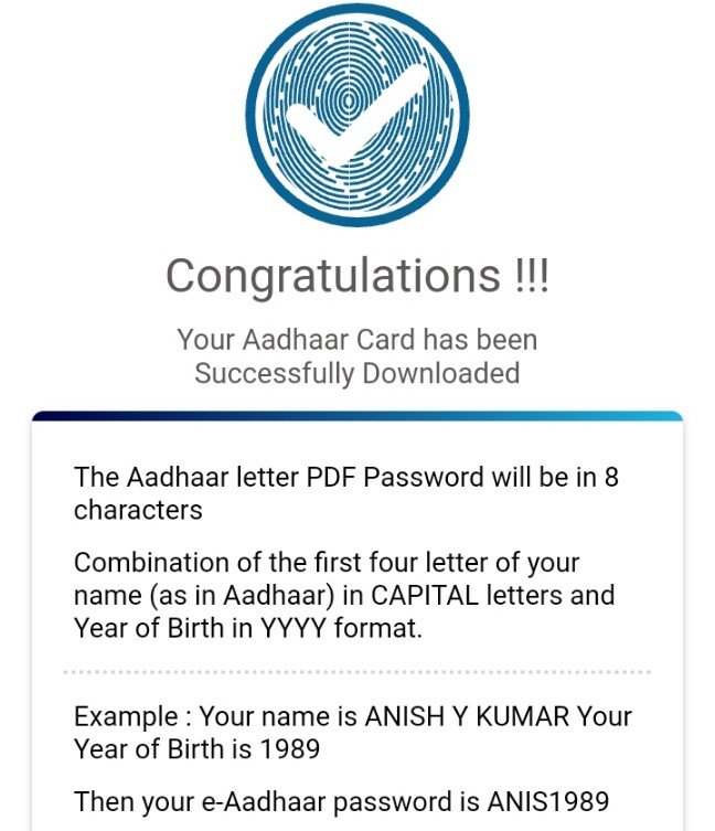 your aadhaar card has been successfully downloaded