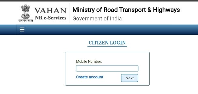 ministry of road transport & highways, citizen login - enter mobile number, click next button
