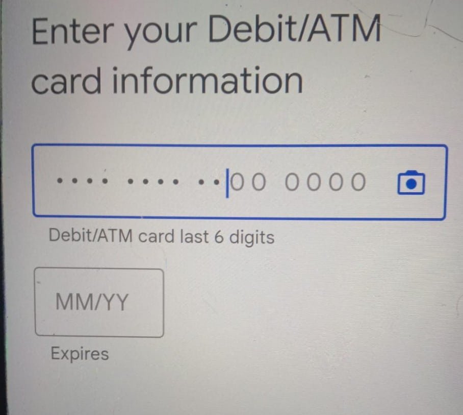 enter your debit/atm card information