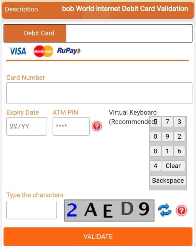 bob world internet debit card validation - card number, expiry date, atm pin, type the characters and validate button press