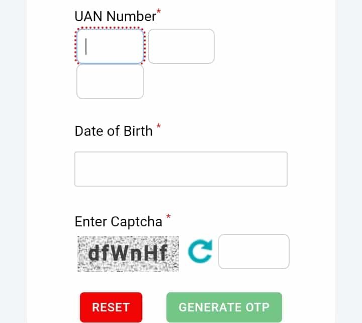enter UAN number, date of birth, enter captcha and click GENERATE OTP