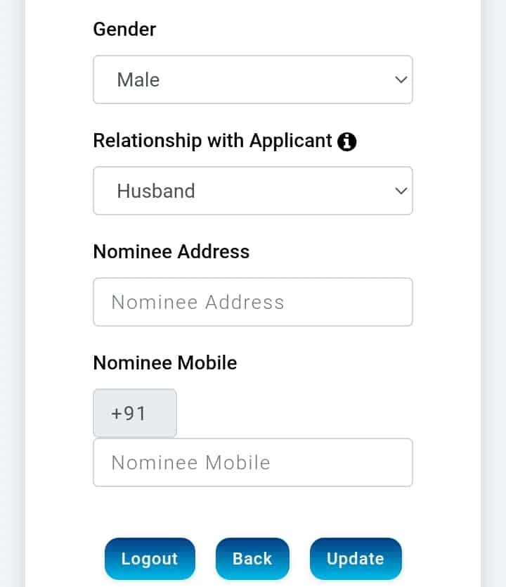 gender, relationship with applicant, nominee address, nominee mobile 