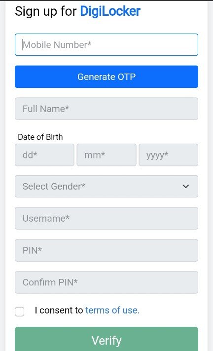sign up for digilocker- full name, date of birth, select gender, username, pin, confirm pin, verify